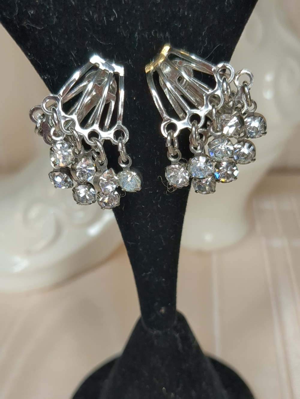Vintage 60s Crystal Dangle Earrings Clip-on Ear Cuff Elegant Draping Design MCM